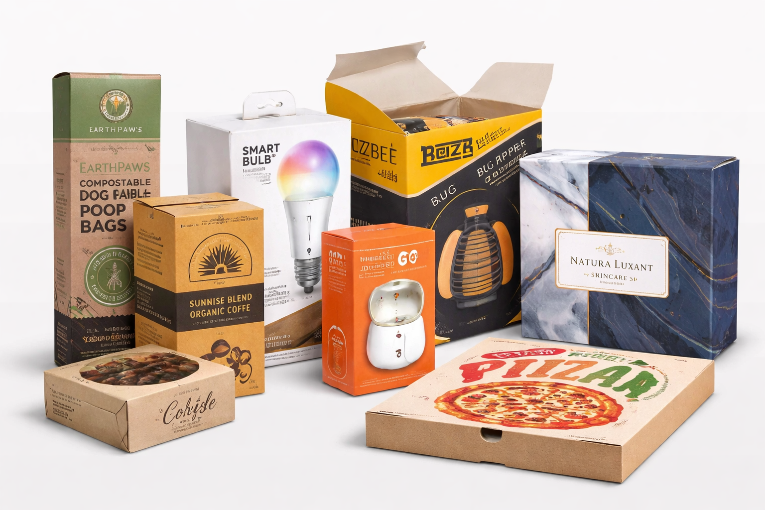 Custom retail, food, and luxury product packaging boxes including pizza box and premium branded packaging